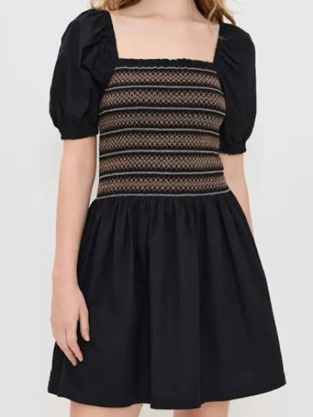 Madewell Smocked Poplin Puff Sleeve Mini Dress Jet Black